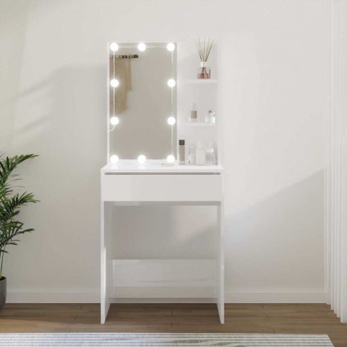 Тоалетка с LED, бял гланц, 60x40x140 см