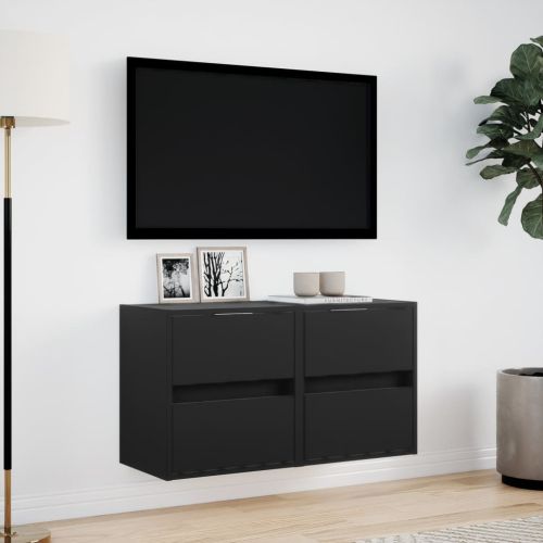 Стенни ТВ шкафове с LED осветление, 2 бр, черни, 41x31x45 см