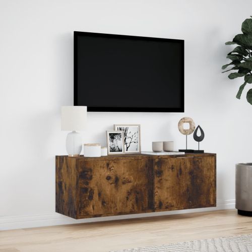 Стенен ТВ шкаф с LED осветление, опушен дъб, 100x31x35 см