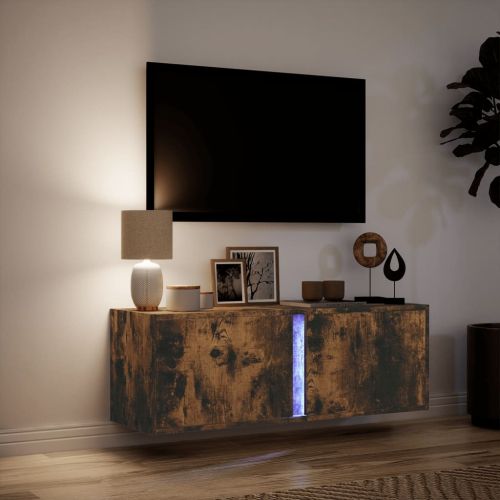Стенен ТВ шкаф с LED осветление, опушен дъб, 100x31x35 см