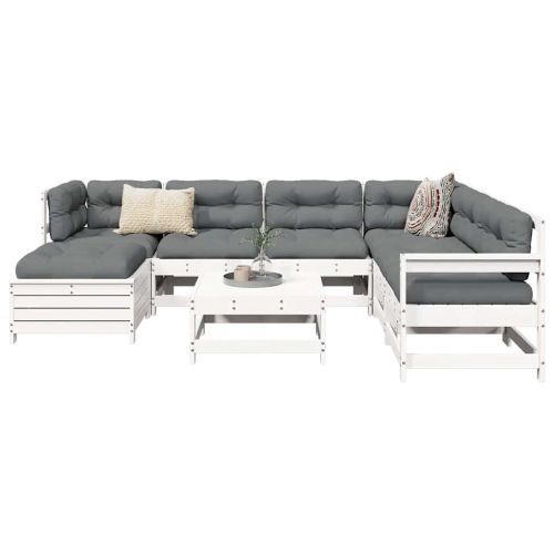 Градински комплект диван от 8 части, бял, бор масив