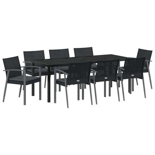 Комплект за хранене в градината 9 pcs Черен и Сив ПЕ ратан