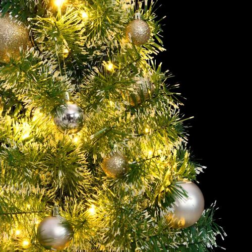 Изкуствена коледна елха, 150 LED, топки и флокиран сняг, 120 см