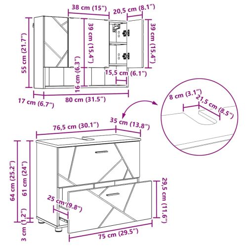 Комплект мебели за баня 2 бр. Лъскаво бяло 76,5 x 35 x 64 см