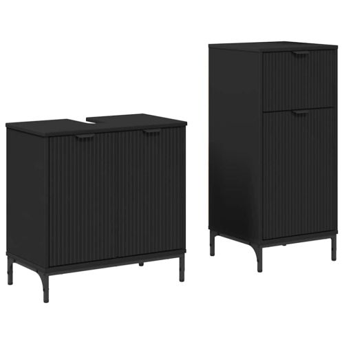 Комплект мебели за баня 2 pcs Черно Конструирано дърво и метал.