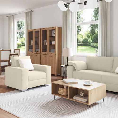 Диван 2 pcs Бежово 219 x 80 x 82 см Ленена смесена тъкан