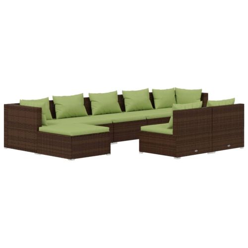 Градински лаундж комплект с възглавници 9 части кафяв полиратан