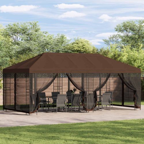 Градинска беседка 6 x 3 m Кафяво Полиестер и стомана 190 gsm