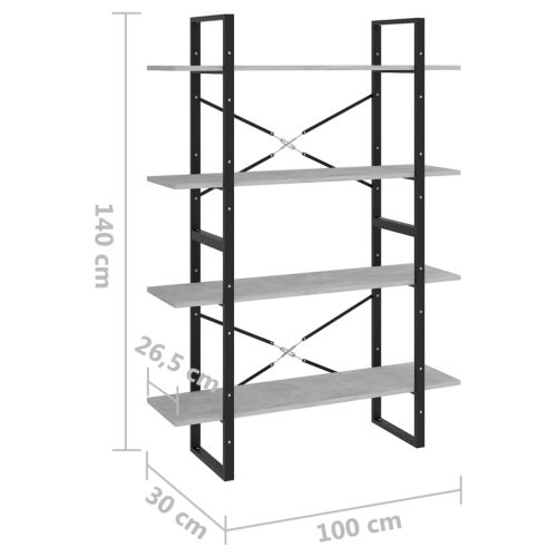 4-етажна библиотека бетонно сив 100x30x140 см инженерно дърво