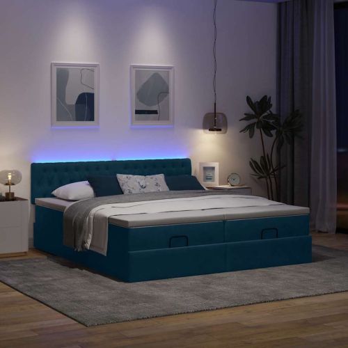 Османска легло с матраци и LED, тъмносиньо, 200x200 см, кадифе