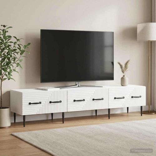ТВ шкаф Бял гланц 147 x 34,5 x 30 см Инженерна дървесина