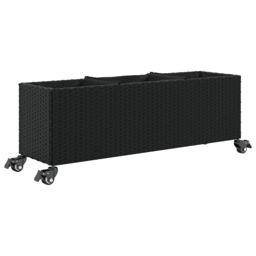 Външен плантер с колела и 3 саксии черен 107x32x38 см полиратан