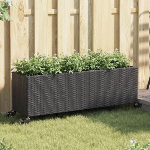 Градински кашпи с колела 2 бр черни 107x32x38 см полиратан