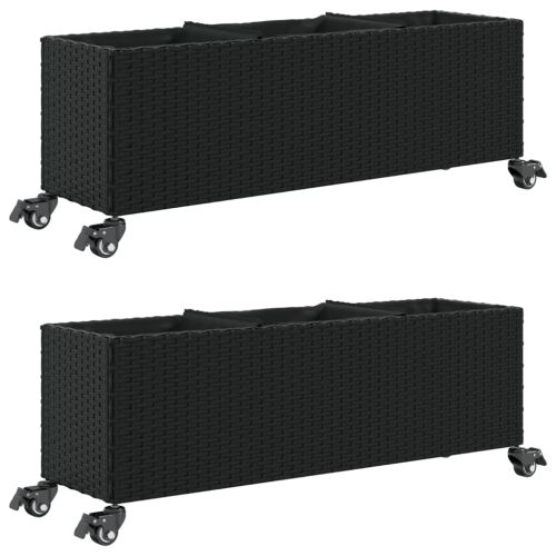 Градински кашпи с колела 2 бр черни 107x32x38 см полиратан