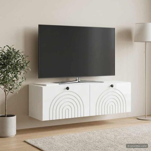 Стенно монтиран ТВ шкаф Бял гланц 98 x 31 x 30 см