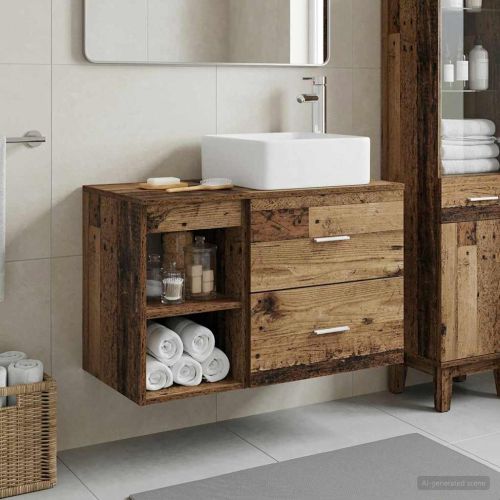 Комплект мебели за баня 2 pcs Старо дърво Инженерна дървесина