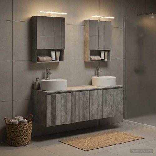 Комплект шкафове за баня 5 pcs Бетонно сиво Инженерна дървесина