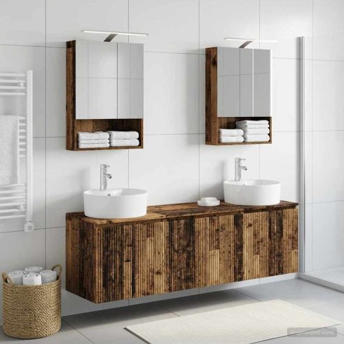 Комплект шкафове за баня 5 pcs Старо дърво Инженерна дървесина