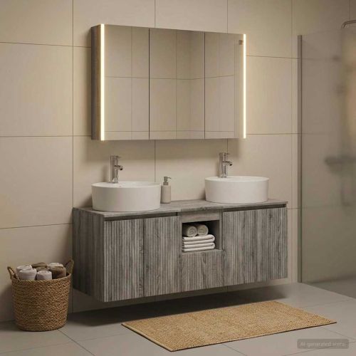 Комплект шкафове за баня 4 pcs Сив Сонома Инженерна дървесина