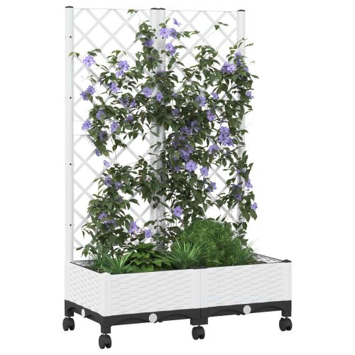 Градински сандък с решетка и колела Бяло 80 x 40 x 131,5 см ПП