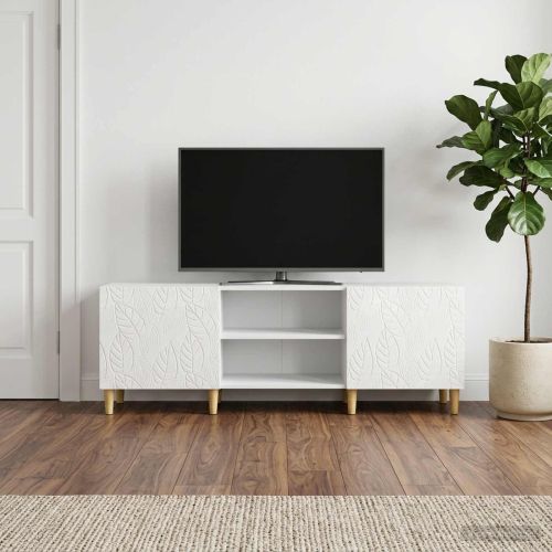 ТВ шкаф 150 x 31 x 50 см Бял гланц Инженерна дървесина