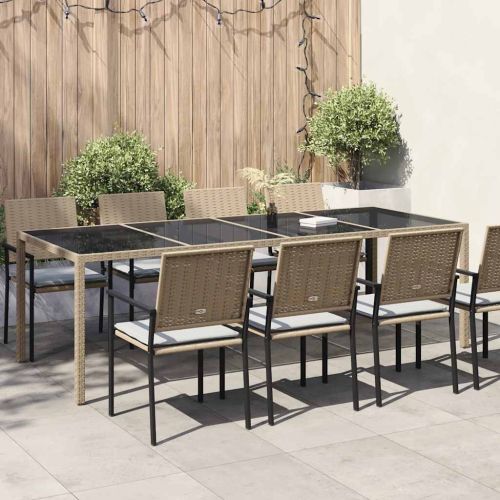 Градинска маса бежова 250x100x75 см закалено стъкло и полиратан