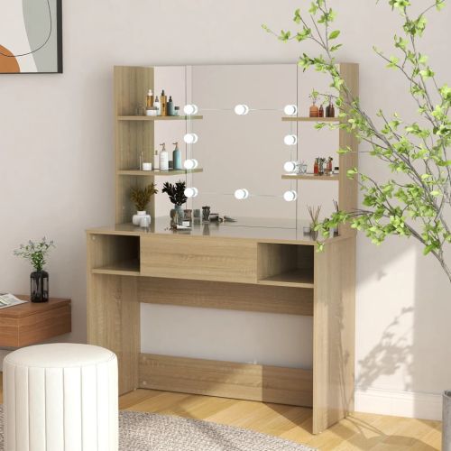 Тоалетка с LED лампи, 100x40x135 см, МДФ, дъб