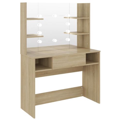 Тоалетка с LED лампи, 100x40x135 см, МДФ, дъб