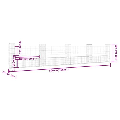 U-образна габионна кошница с 5 стълба, желязо, 500x20x100 см