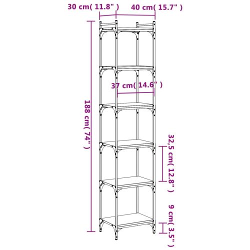 Библиотека 6 рафта опушен дъб 40x30x188 см инженерно дърво