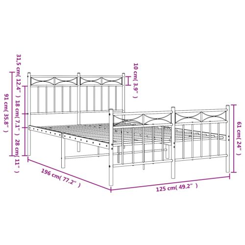 Метална рамка за легло с горна и долна табла, бяла, 120x190 см