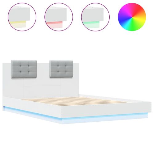 Рамка за легло с табла и LED осветление, бяла, 120x200 см