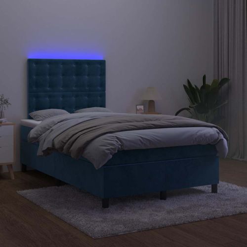 Боксспринг легло с матрак и LED, тъмносиньо, 120x190 см, кадифе