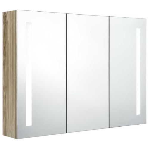 LED шкаф с огледало за баня, 89x14x62 см, цвят дъб