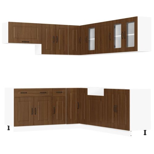 Комплект кухненски шкафове, 11 части, "Kalmar", кафяв дъб, инженерна дървесина