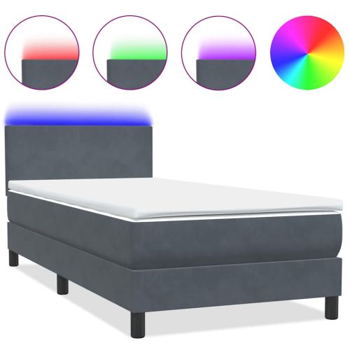 Боксспринг легло с матрак и LED, тъмносиво, 90x220 см, кадифе