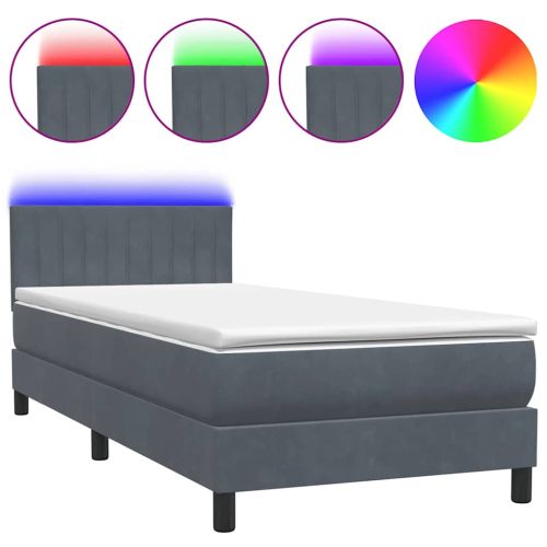 Боксспринг легло с матрак и LED, тъмносиво, 90x220 см, кадифе