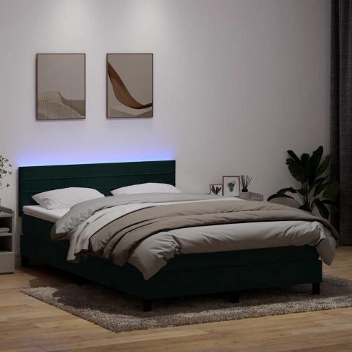 Боксспринг легло с матрак и LED, тъмнозелено, 160x220 см, кадифе