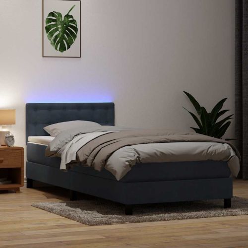 Боксспринг легло с матрак и LED, тъмносиво, 90x220 см, кадифе