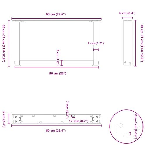 Крака за масичка за кафе, U-образни, 2 бр., естествена стомана, 60 x (30-31) см, стомана