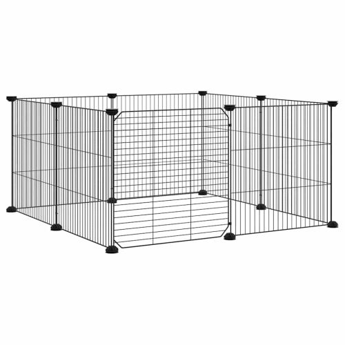 8-панелен кът за домашни любимци с врата, черна, 70x70x35 см, стомана