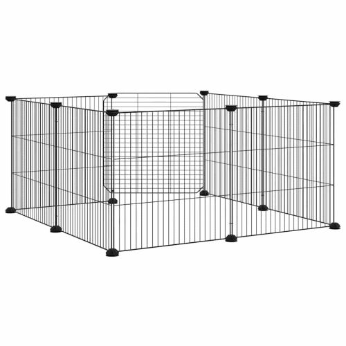 8-панелен кът за домашни любимци с врата, черна, 70x70x35 см, стомана