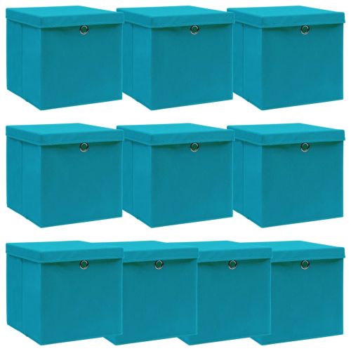 Кутии за съхранение с капак 10 бр бебешко сини 32x32x32 см плат