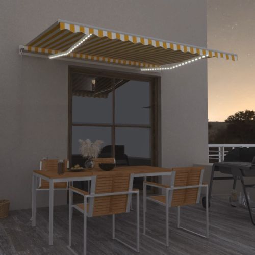 Ръчно прибиращ се сенник с LED, 450x350 см, жълто и бяло