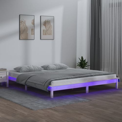 LED рамка за легло бяла 140x190 см масивно дърво
