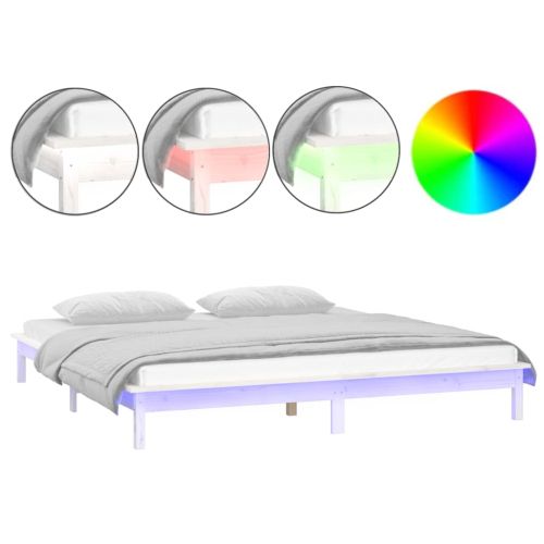 LED рамка за легло бяла 140x190 см масивно дърво