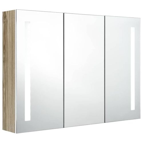 LED шкаф с огледало за баня, 89x14x62 см, бяло и дъб