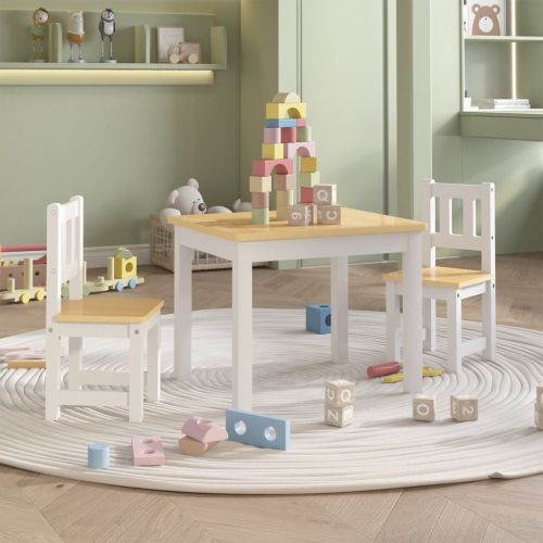 Детски комплект от 3 части маса и столове бяло и бежово МДФ