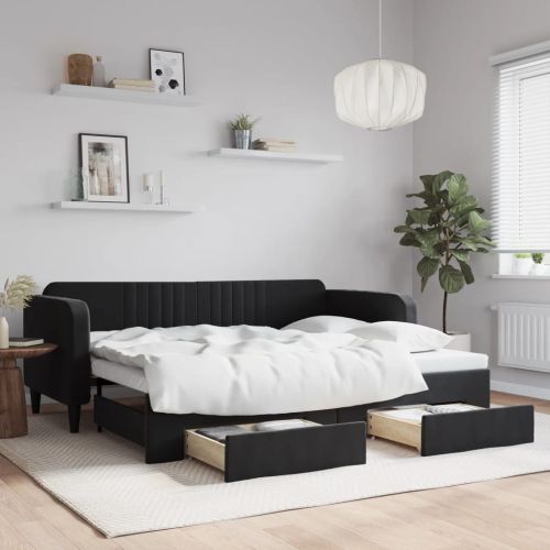 Канапе с изтеглящо легло и чекмеджета черно 90x200 см кадифе