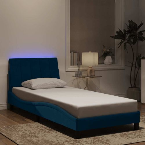 Рамка за легло с LED осветление без матрак Hanko, синя, 80x200 см, кадифе